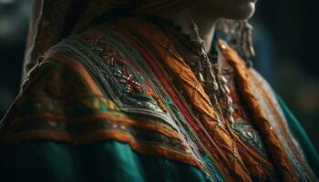 indigeno eleganza intrecciata in tradizionale capi di abbigliamento modelli generato di ai foto