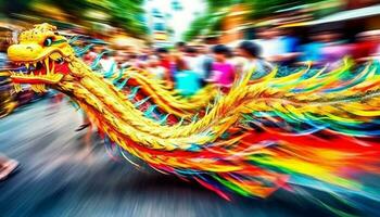 Drago danza nel vivace colori, sfocato movimento, e illuminato lanterne generato di ai foto