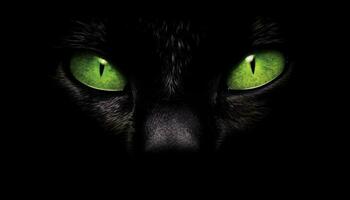 soffice gattino fissando con spaventoso verde occhi su nero sfondo generato di ai foto