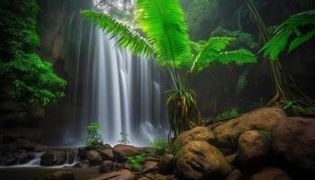 tropicale foresta pluviale, blu stagno, palma albero, tranquillo scena, avventura generato di ai foto