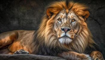 maestoso Leone riposo nel natura, fissando con vigilanza a telecamera generato di ai foto