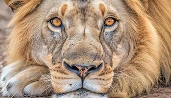 maestoso Leone fissando con vigilanza nel naturale africano savana generato di ai foto