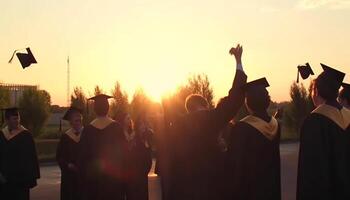 laureati celebrare successo con amici sotto il sole calore generato di ai foto