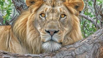maestoso leonessa riposo nel il savana, vigilanza nel sua occhi generato di ai foto