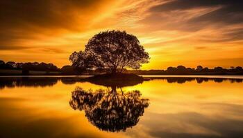 tranquillo tramonto al di sopra di acqua riflette bellezza nel natura d'oro tonalità generato di ai foto