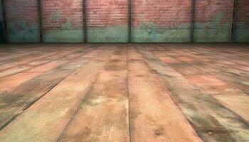 legno duro tavola pavimentazione, macchiato e intemperie, nel un vecchio appartamento generato di ai foto