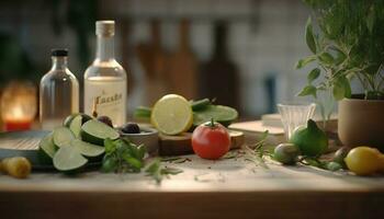biologico agrume cocktail su rustico legna tavolo per salutare stili di vita generato di ai foto
