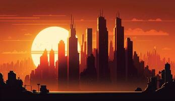 silhouette grattacieli illuminare città a tramonto fondale ,generativo ai foto