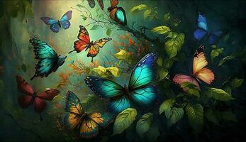 farfalla volante in mezzo colorato fogliame in natura Paese delle meraviglie ,generativo ai foto