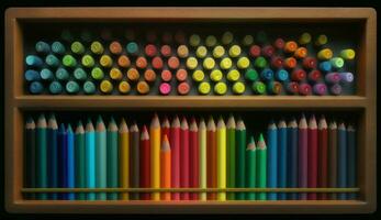Multi colorato matite su legna sfondo, vicino su ,generativo ai foto