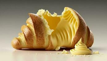 fresco buongustaio brioche con burro su giallo piatto generato di ai foto