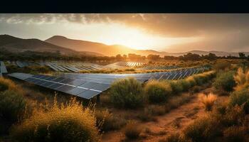 righe di solare pannelli creare elettricità all'aperto generato di ai foto