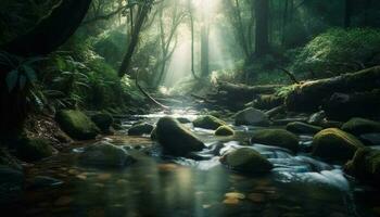 tranquillo scena nel tropicale foresta pluviale con fluente acqua generato di ai foto