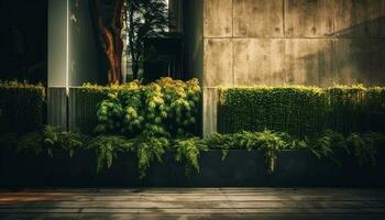 verde pianta cresce attraverso moderno calcestruzzo appartamento parete generato di ai foto