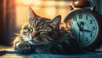 addormentato gattino riposo su accogliente a strisce tavolo generato di ai foto