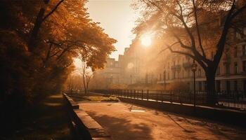 tramonto si illumina città orizzonte, autunno le foglie autunno generato di ai foto