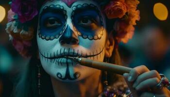 spaventoso celebrazione Halloween festa con tradizionale messicano maschere generato di ai foto