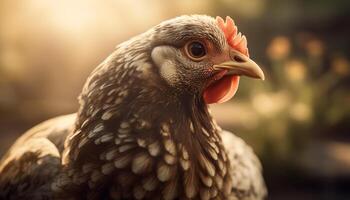 piumato Gallo corvi nel rurale azienda agricola scena generato di ai foto