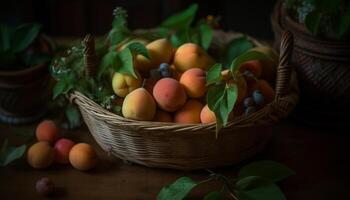 rustico cestino di biologico frutta, maturo per mangiare generato di ai foto