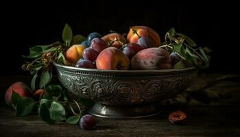 fresco frutta ciotola su rustico di legno tavolo generato di ai foto