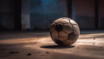 giocando calcio in casa con vecchio pelle palla generato di ai foto