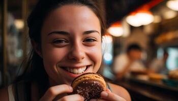 carino giovane donna godendo dolce cioccolato merenda in casa generato di ai foto