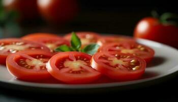 succoso biologico pomodoro fetta su di legno piatto, Perfetto estate aperitivo generato di ai foto