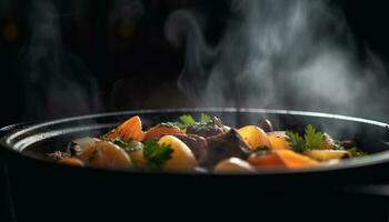 grigliato carne e verdure su un' piatto, Perfetto per pranzo generato di ai foto