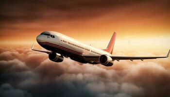 commerciale aereo assunzione via a tramonto, trasporto viaggiatori medio aria generato di ai foto