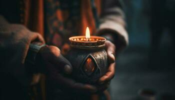 uno persona Tenere lume di candela, Meditare nel tranquillo scena in casa generato di ai foto
