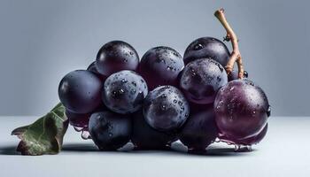 succoso viola uva su un' frondoso ramo, fresco e biologico generato di ai foto