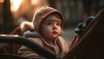 carino bambino piccolo ragazzo sorridente nel caldo maglia cappello gode autunno natura generato di ai foto