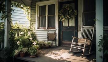 rustico sedia su portico, circondato di natura eleganza e comfort generato di ai foto
