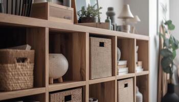 moderno scaffale collezione nel elegante domestico vivente camera preparativi generato di ai foto