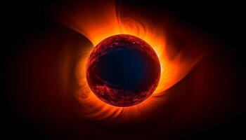 astratto sfera di fuoco e calore orbitante un' raggiante pianeta generato di ai foto