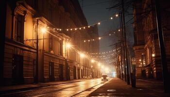 raggiante Natale luci illuminare il vecchio urbano orizzonte a crepuscolo generato di ai foto