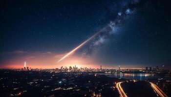 il raggiante paesaggio urbano si accende il stellato notte cielo con tecnologia generato di ai foto
