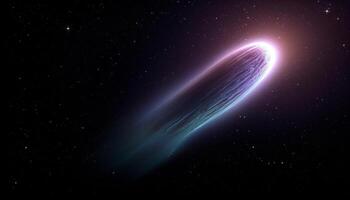 cometa velocità attraverso stella campo nel lungo esposizione notte cielo generato di ai foto