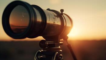 fotografo cattura sbalorditivo tramonto con mano tenuto telescopio e telecamera generato di ai foto