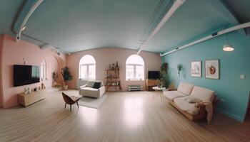 moderno lusso appartamento con confortevole arredamento, elegante design e illuminazione generato di ai foto