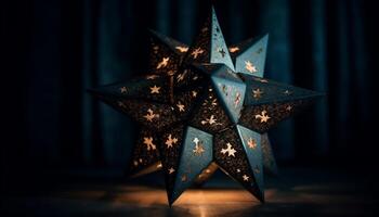 d'oro Natale albero si illumina nel scuro, illuminante festivo celebrazione generato di ai foto