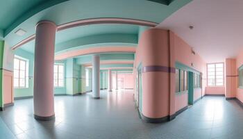 un' futuristico corridoio con pulito pavimentazione e illuminato soffitto generato di ai foto