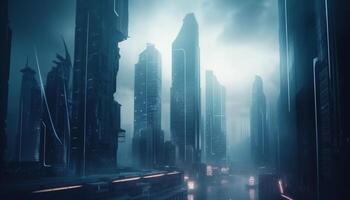 futuristico grattacielo si illumina città vita nel un' spaventoso di fuga punto generato di ai foto