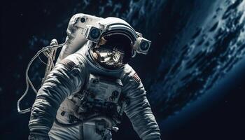 futuristico astronauta esplora galassia nel armato forze navicella spaziale sorveglianza missione generato di ai foto