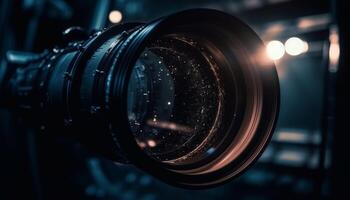 professionale fotografo zooma nel su brillante cromo attrezzatura per film generato di ai foto