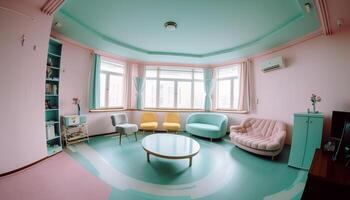 moderno lusso appartamento con confortevole poltrona, elegante arredamento e verde pavimentazione generato di ai foto