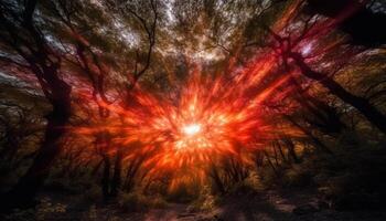 natura inferno che esplode fiamme illuminare buio foresta nel Multi colorato movimento generato di ai foto