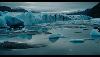 congelato artico paesaggio maestoso montagna gamma, tranquillo ghiacciaio laguna riflessione generato di ai foto