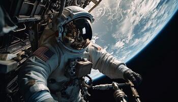 uno astronauta Lavorando su un' futuristico navicella spaziale per spazio esplorazione generato di ai foto