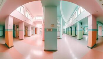 il futuristico corridoio dentro il moderno ospedale è pulito e luminosa generato di ai foto